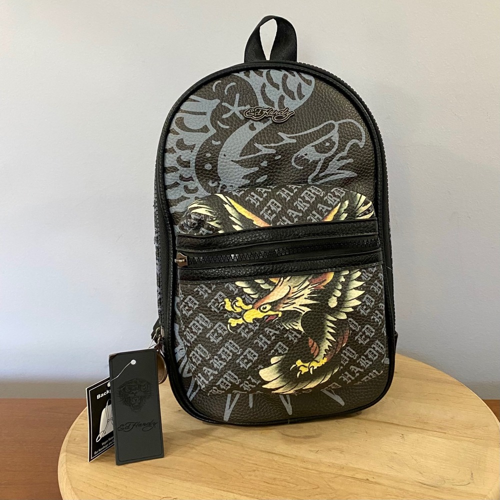 Ed Hardy Sling Bag Crossbody Backpack Black Vegan Leather Eagle Tattoo NWT